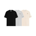 Three t-shirts in black, white, and beige with a logo on a white background
