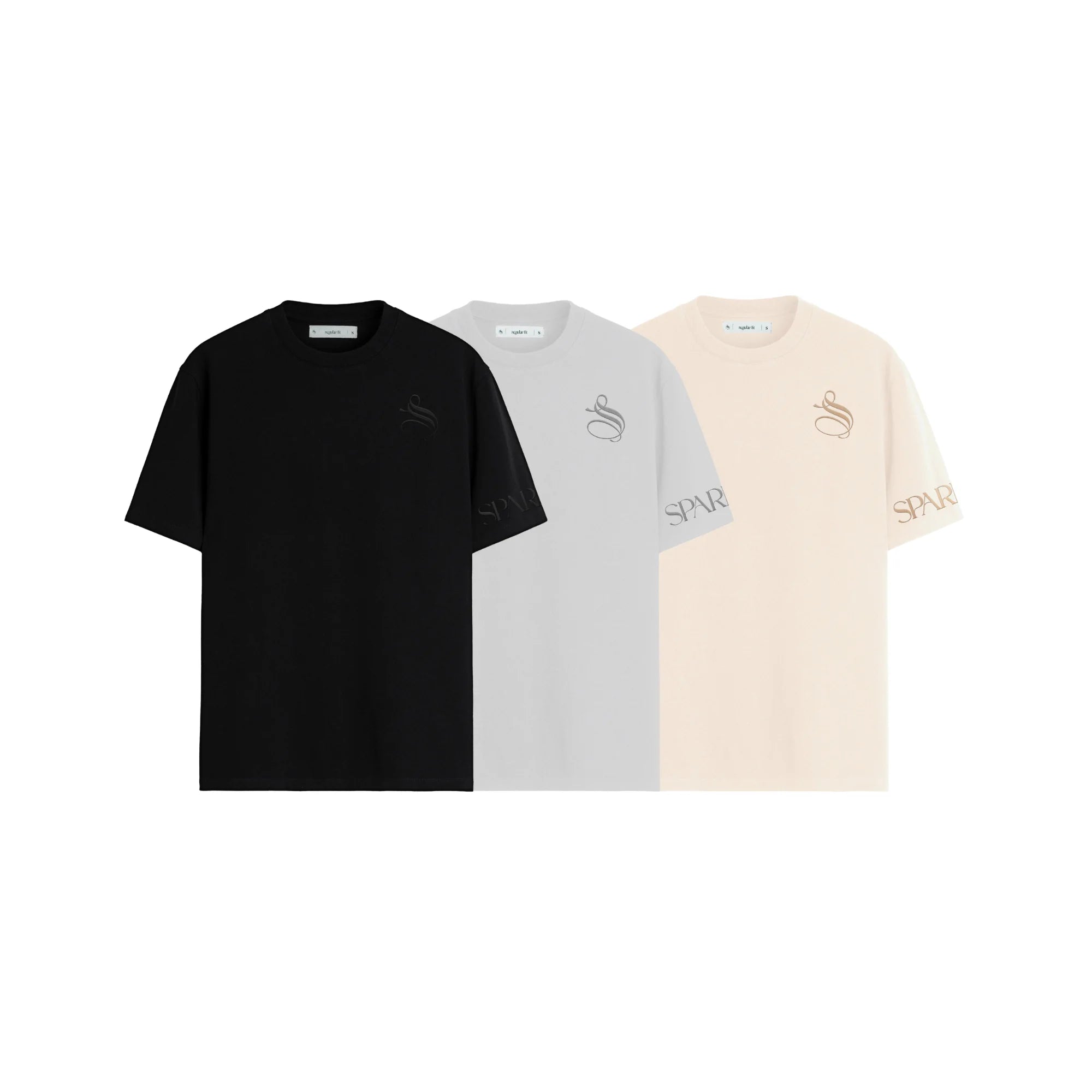 Three t-shirts in black, white, and beige with a logo on a white background