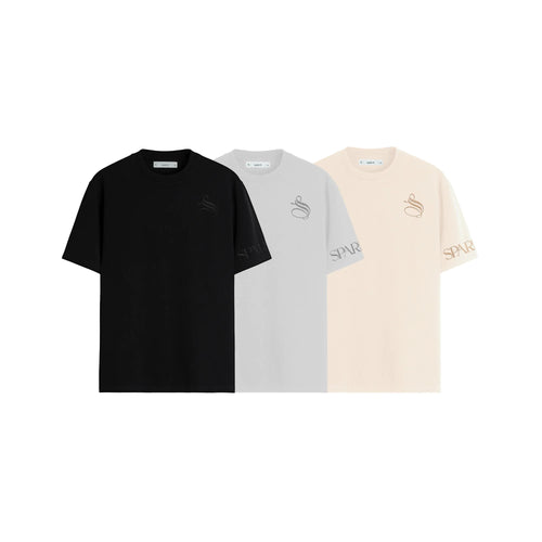 Three t-shirts in black, white, and beige with a logo on a white background