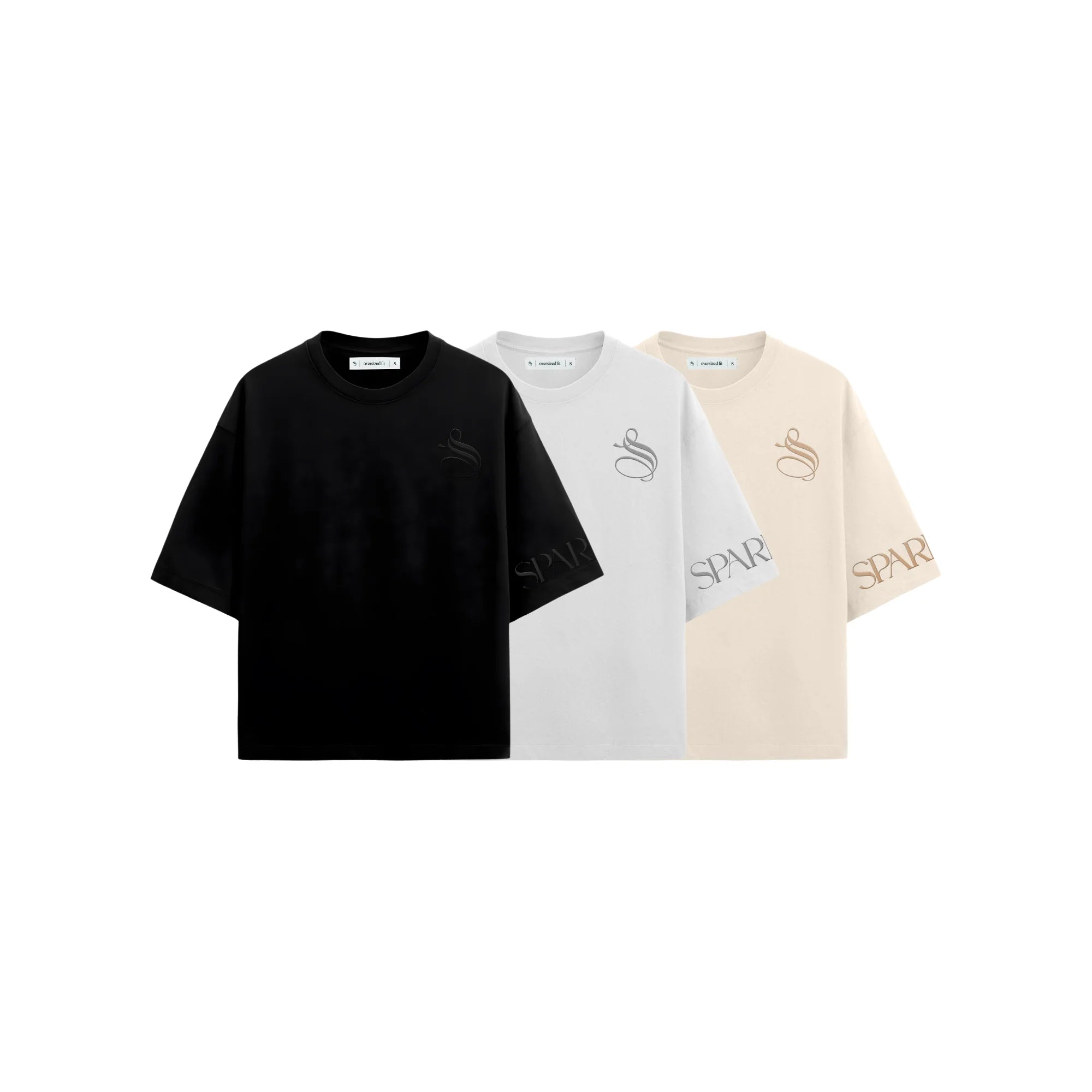 Three t-shirts in black, white, and beige with a logo on a white background
