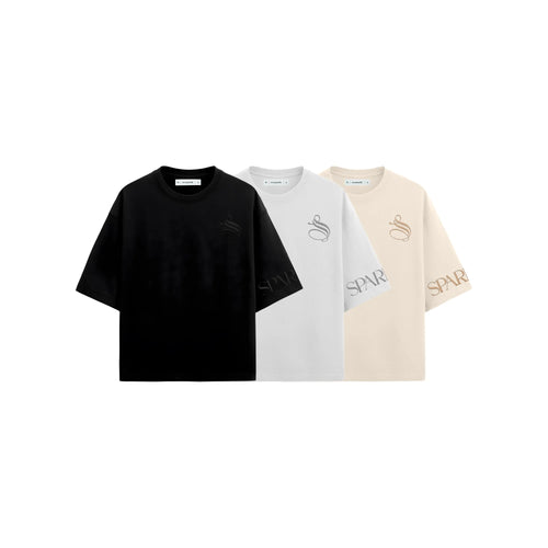 Three t-shirts in black, white, and beige with a logo on a white background